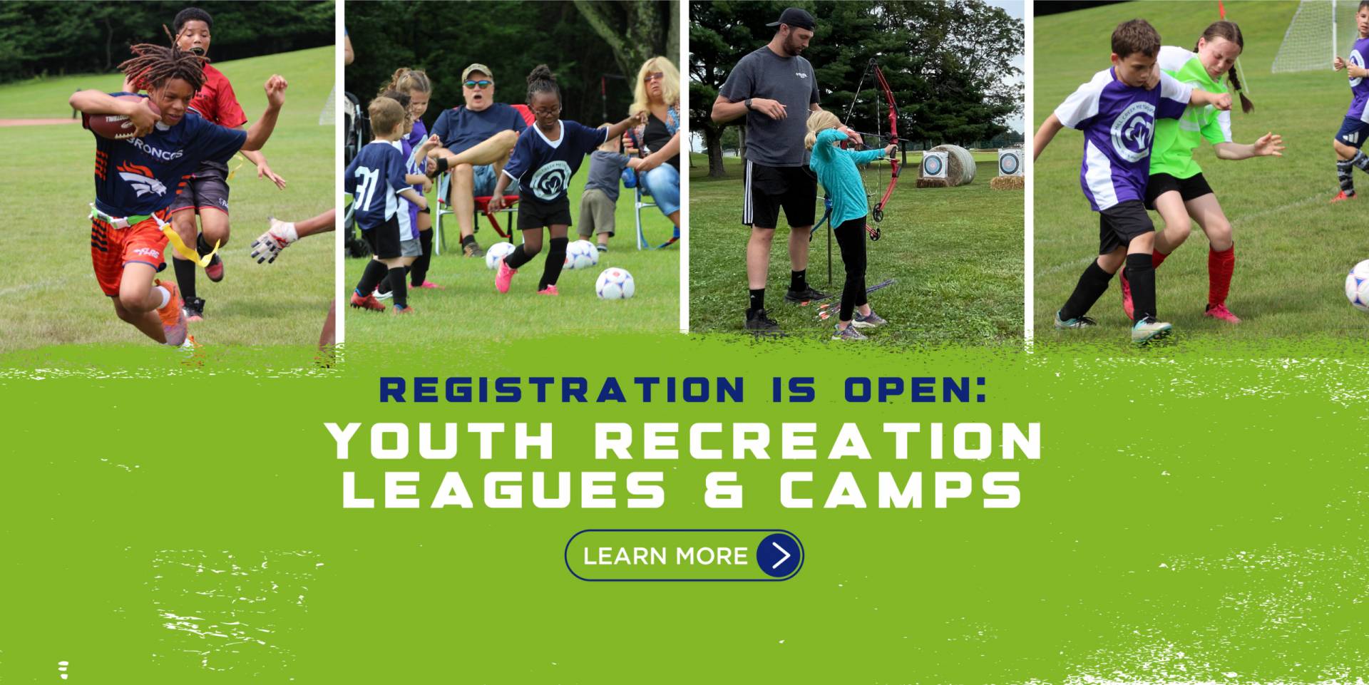 Registration for Youth Recreation Leagues and Camps is open. Slider depicting youth sports and camp participants