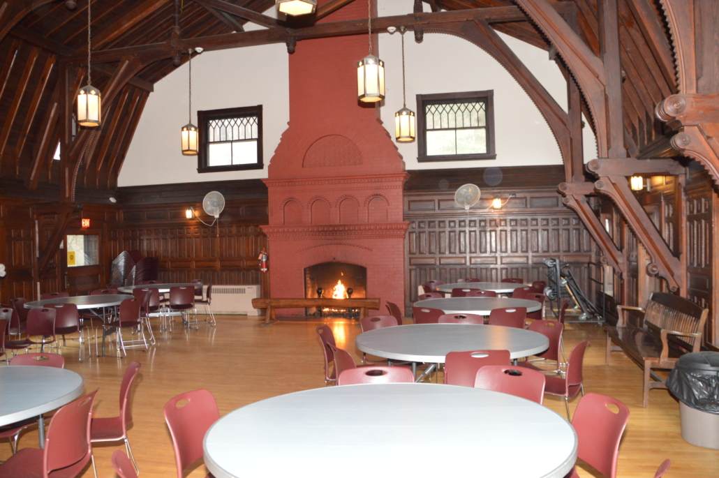 Tall ceilings and large fireplace in top floor of Pioneer Pavilion