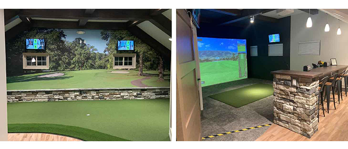 Indoor Player Development Center picturing Indoor Putting Green and one of the 3 Trackman Hitting Bays