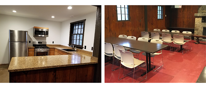 Interior photographs of the kitchen and tables with chairs in Bears Den Cabin located in Mill Creek MetroParks