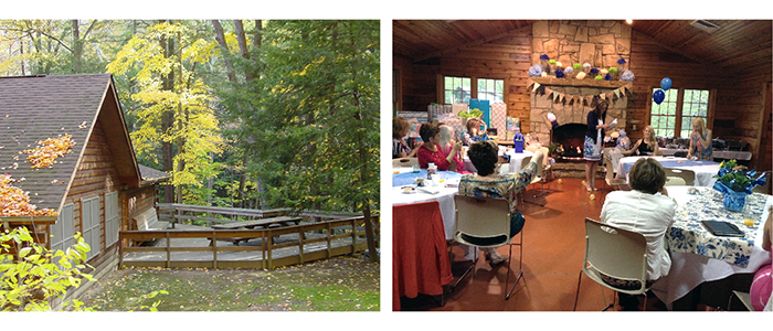 Birch Hill Cabin interior with rental guests and a view of the deck