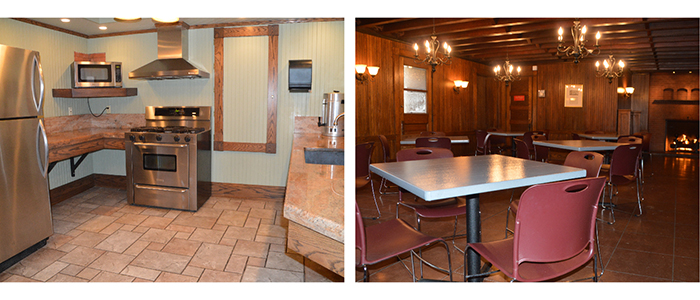 Interior Pioneer Pavilion photographs-downstairs seating and kitchen, Mill Creek MetroParks