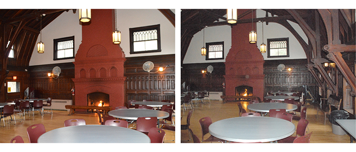 Pioneer Pavilion interior pictures-upstairs seating area with fireplace, Mill Creek MetroParks