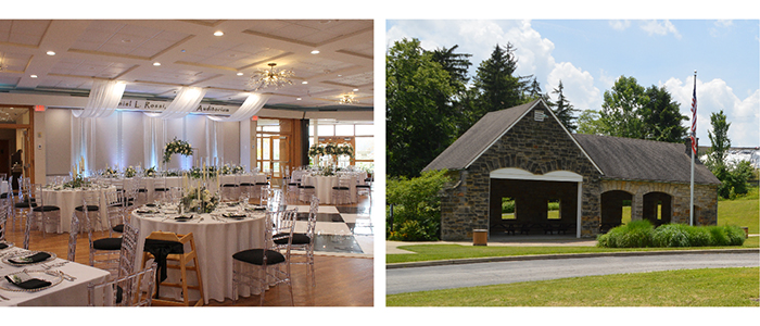 Photographs of Rossi Auditorium decorated for a wedding and of Kirk Road Pavilion