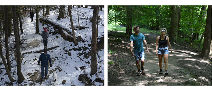 Photos of hikers in the winter and summer on Mill Creek MetroParks trails