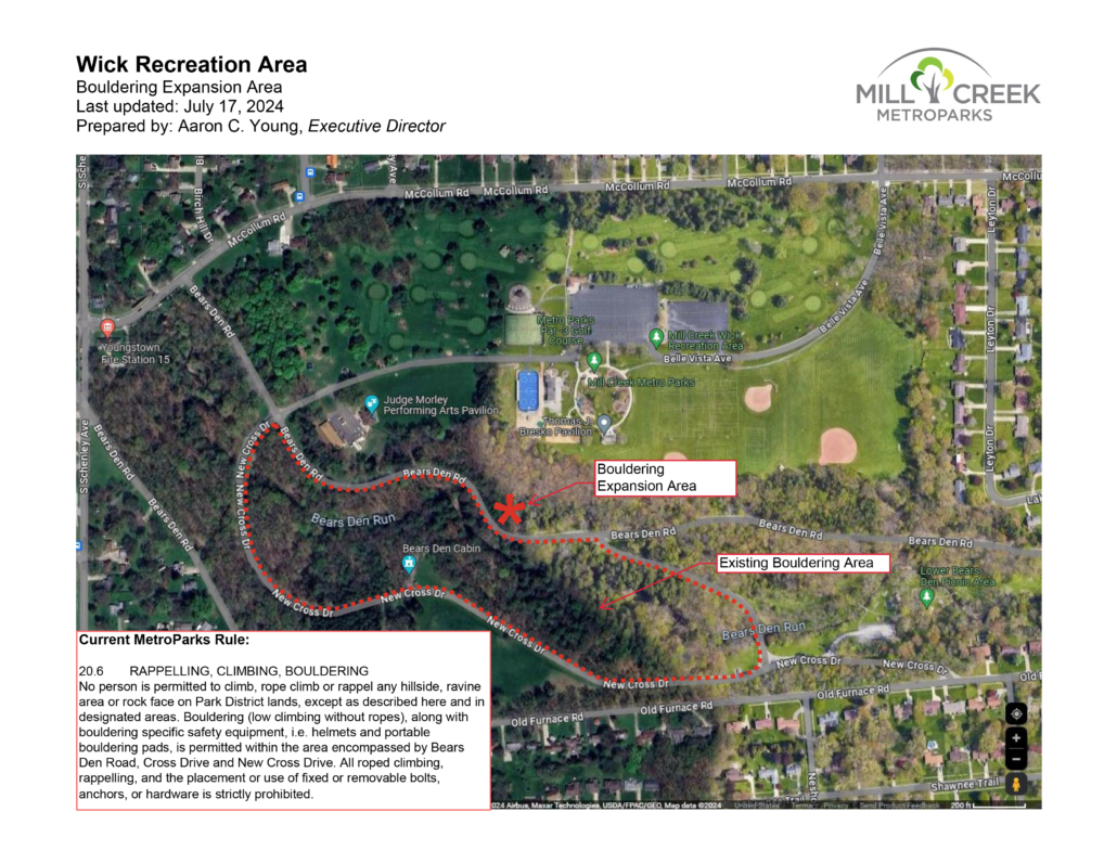 Map of Wick Recreation Area depicting the July 2024 Bouldering Area Expansion location