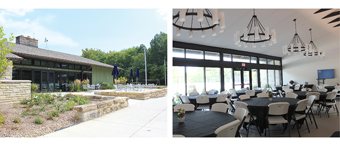 Back exterior with patio and interior seating area of Wick Recreation Center at Wick Recreation Area in Mill Creek MetroParks