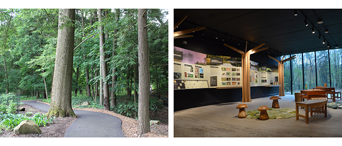 Photos depicting available amenities including trails and interactive displays that can be used when renting the Education Building located at Ford Nature Center