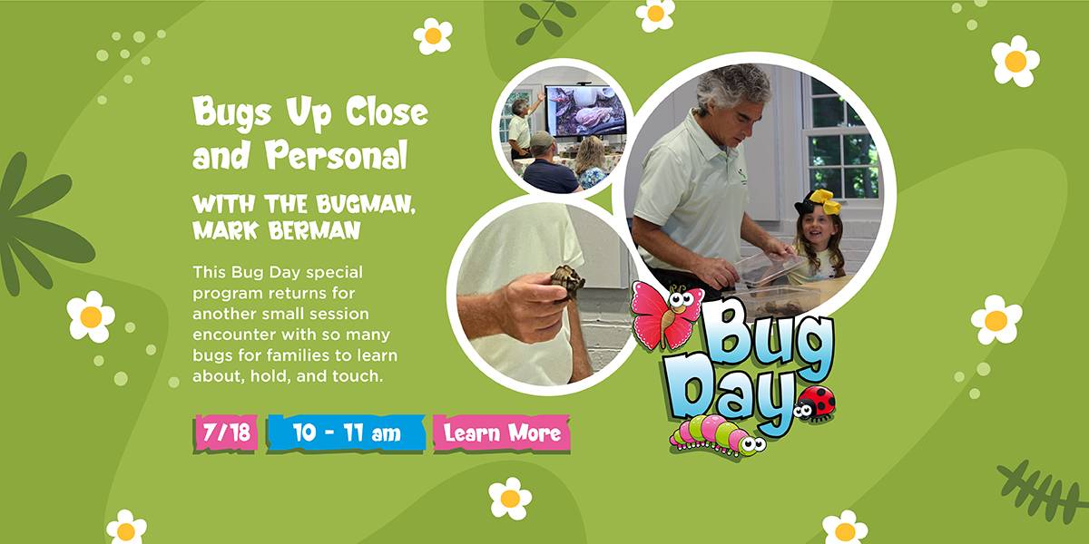 2026 Bug Day Promo for special programming "Bugs Up Close and Personal with the BugMan, Mark Berman!" on July 18, 2026 from 10 - 11 am at Ford Nature Center located in Mill Creek Park, Youngstown, Ohio. Click to learn more.